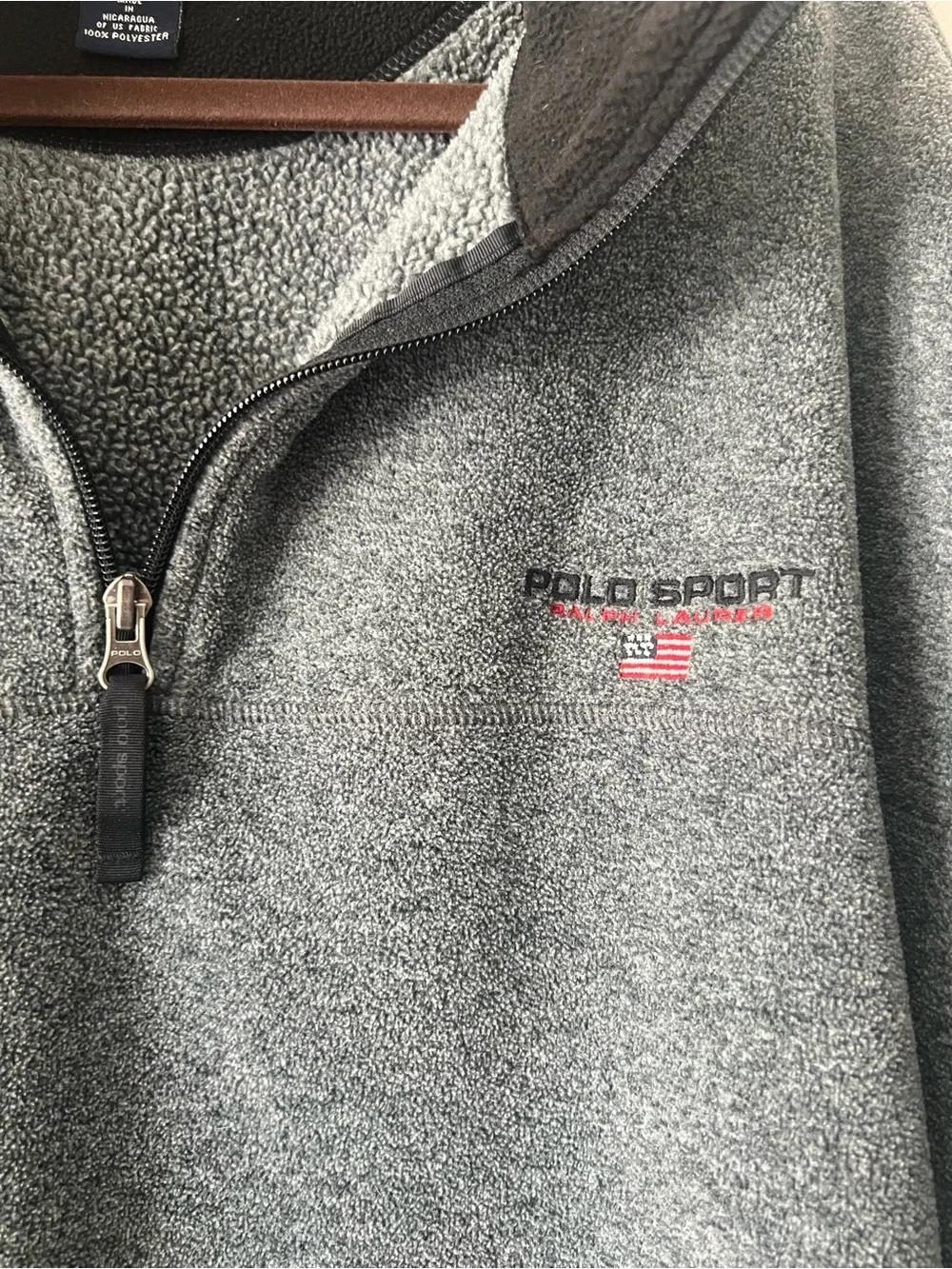 Vintage Polo Sport Ralph Lauren XXL Gray Fleece Quarter Zip Pullover USA Flag